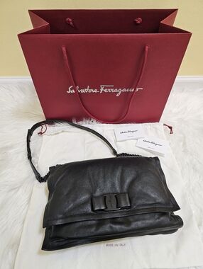 SALVATORE FERRAGAMO Calfskin Medium Viva Bow Padded Shoulder Bag Black